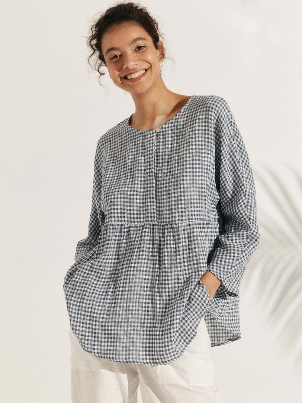 NWT Lintico Caroline Linen Checked Long Sleeve Top Size Small